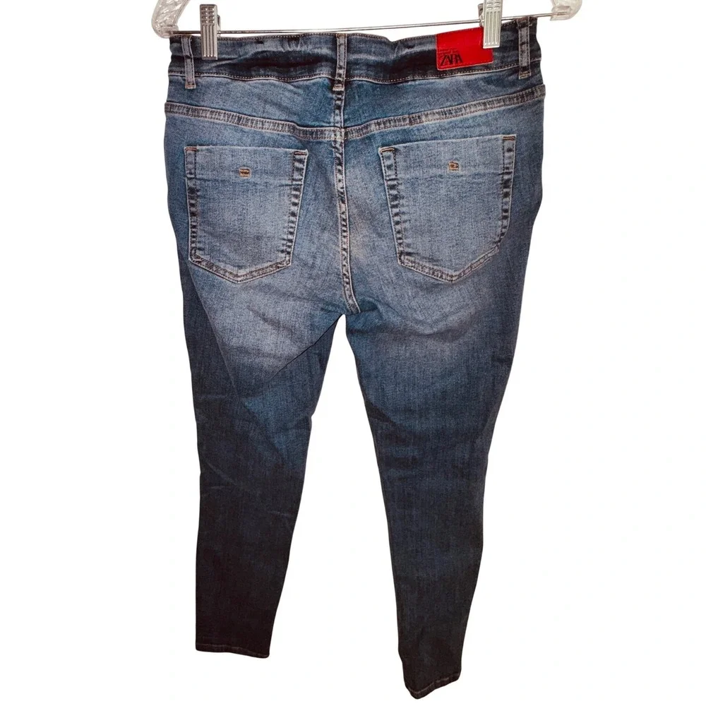 Zara Denim Wear Skinny Jeans Medium Wash Embroidered Side Stripe Red Blue Size 8